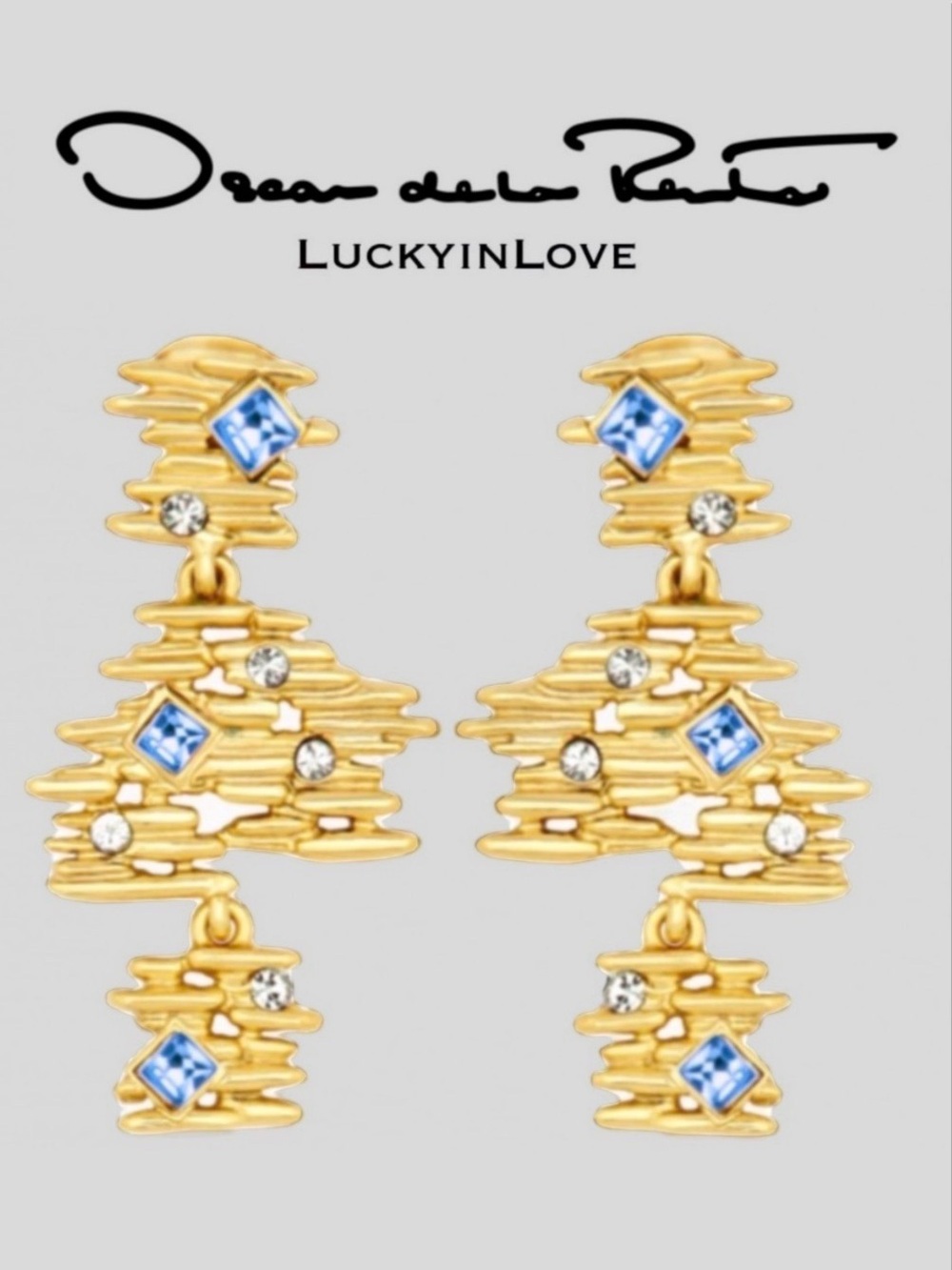 Oscar de la Renta • New Sketchy FINE LINE DROP CLIP EARRINGS Saphire Blue Gold